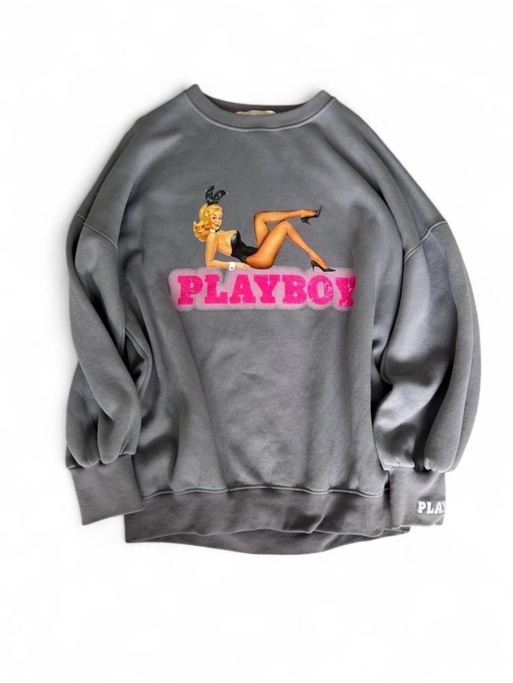 PLAYBOY Gray Sweatshirt with Pink Logo and Pinup Graphic